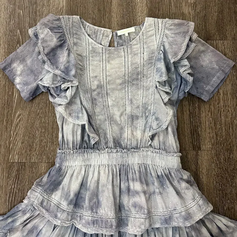 LoveShackFancy Natasha Mini Dress Washed Denim Blue Ruffle Sz Large - Picture 4 of 15